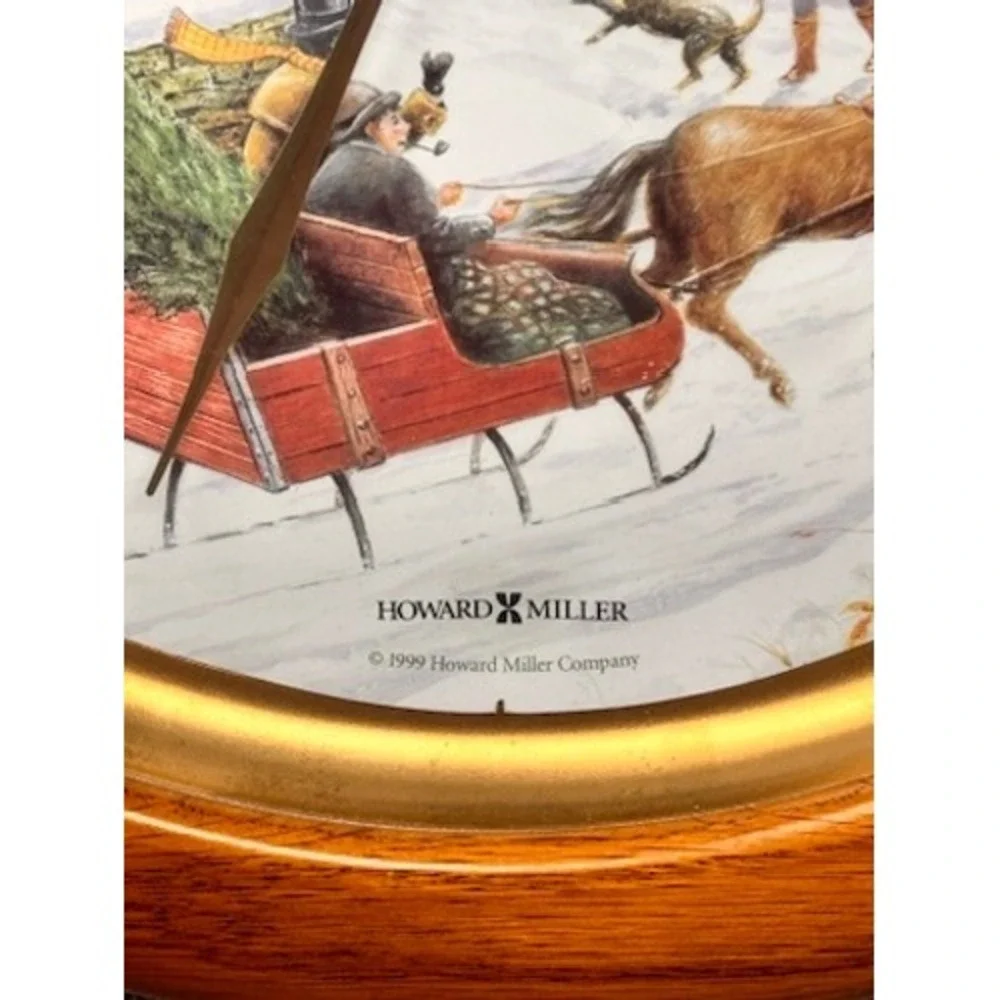 Vtg Howard Miller Musical Wall Clock Winter Village Scene Oak Finish Christmas